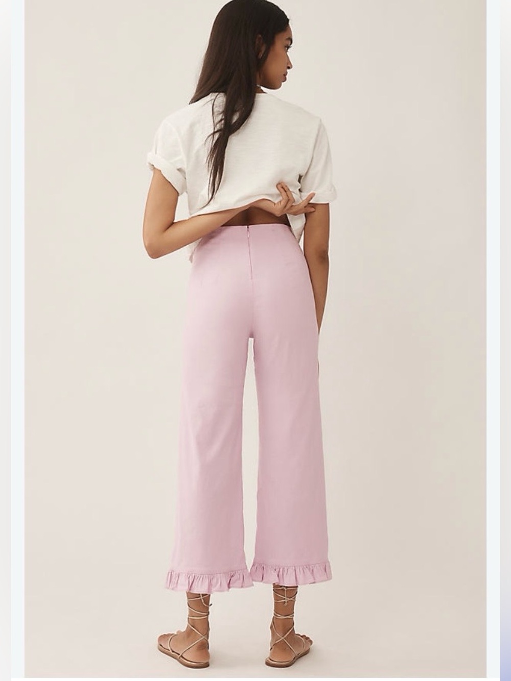 Maeve Colette Ruffle-Hem High Rise Wide Leg Pants in Light Pink - Picture 2 of 5